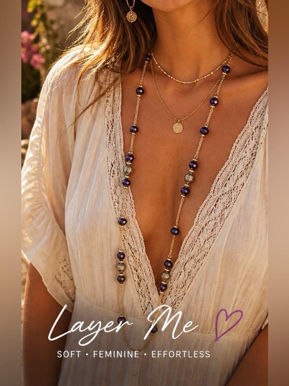 Gold Tone Beaded Necklace Purple Faceted Stones Long Layering Necklace - Picture 2 of 4